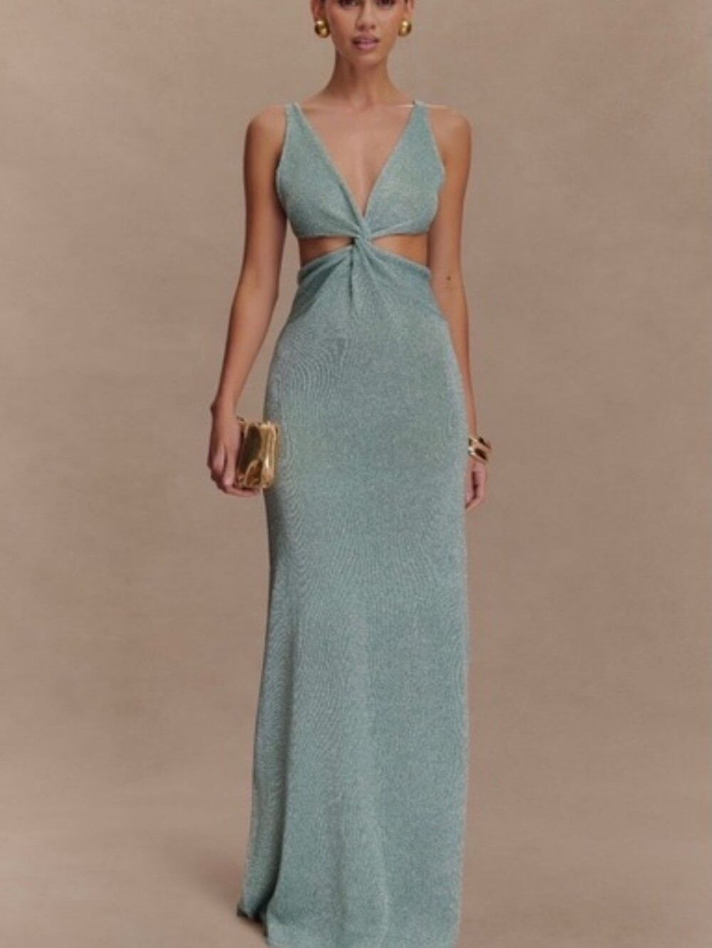Meshki Aqua Metallic sexy Twist Cutout maxi Dress size L new with tags
